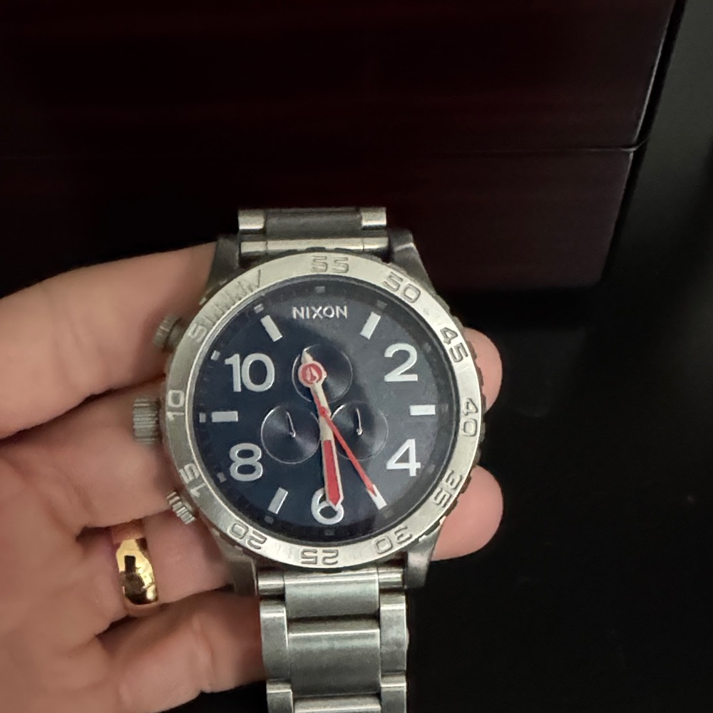 Nixon 51-30 stainless steel Chronograph watch with blue face and red hands